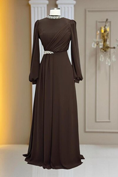 TRENDTESETTÜR KADIN KAHVE TAŞ DETAYLI ŞİFON ABİYE ELBİSE T 6363