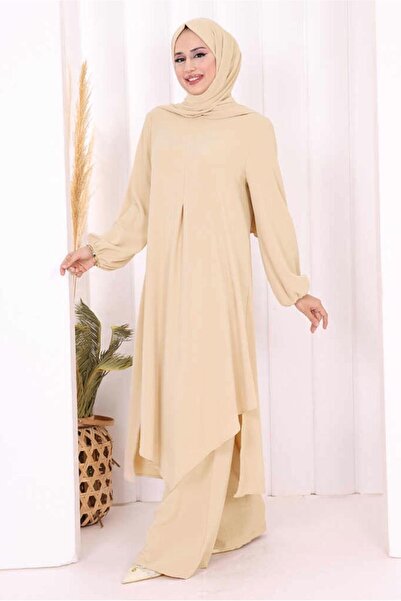 TRENDTESETTÜR KADIN BEJ (TAŞ) ŞALLI ÜÇLÜ PANTOLONLU TAKIM T 7393-1