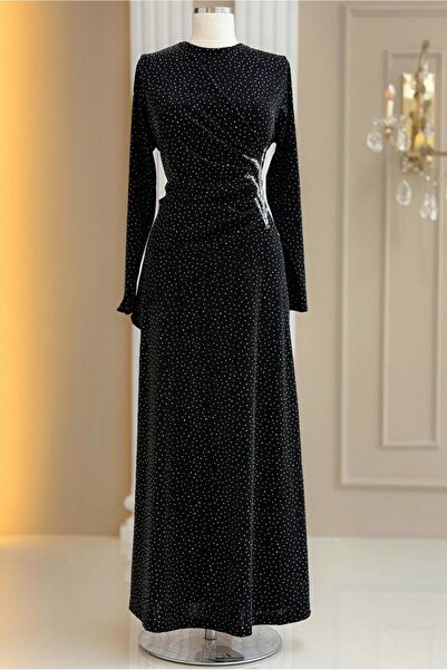 TRENDTESETTÜR KADIN SİYAH TAŞ DETAYLI ABİYE ELBİSE T 8931