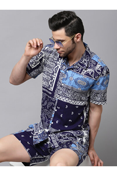 Rigo By Styli Men Blue Paisley Print Shirt and Shorts Co-ords