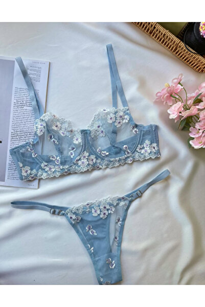 Noi Çiçek Nakışlı Mavi Dantel Bralet & String İç Çamaşırı Takımı