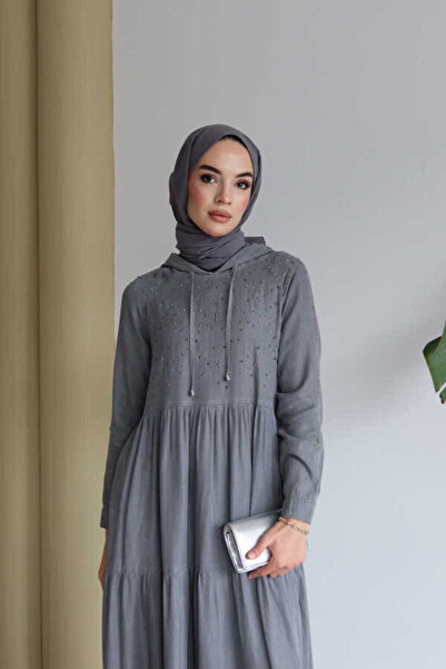 Neways 6531-Stoned Hooded Raglan Sleeve Dress Gray