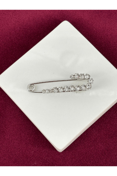 Calista Aksesuar Minimal Parlak Taşlı Çengelli İğneli Silver Broş