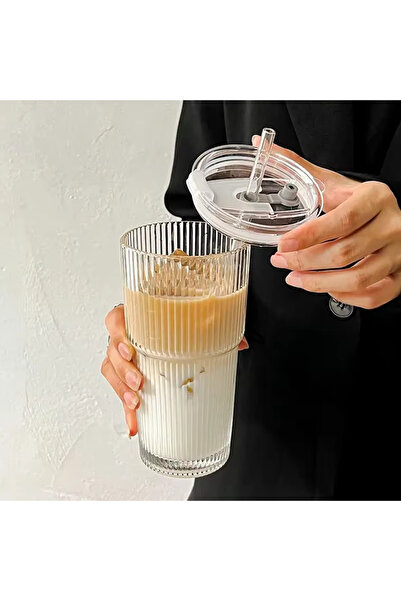 Choice3 كوب زجاجي مخطط شفاف بسعة 601-700 مل، قطعتان أو نصف قطعة، مع غطاء وماص...