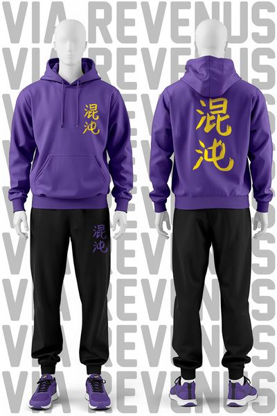Vordevia Kaos Japonca Lettering Printed Unisex Premium 3 İplik Ş Fleece-Lined O Oversized K Hooded Tracksuit Set