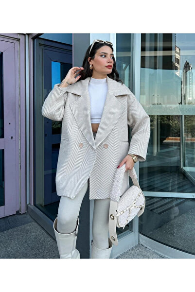 My Blog Stone Herringbone Patterned Oversized Cashmere Coat - 7060