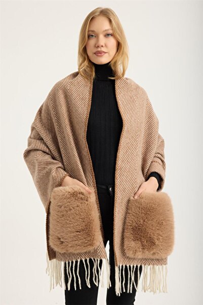 HomeStore Kürk Cepli Saçaklı Şal