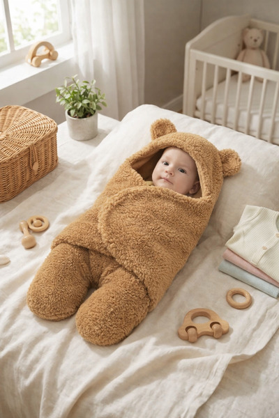 Wayne's 0-12 Ay Ayıcık Kundak Kulaklı Welsoft Peluş Bebek Uyku Tulumu | İçi P...