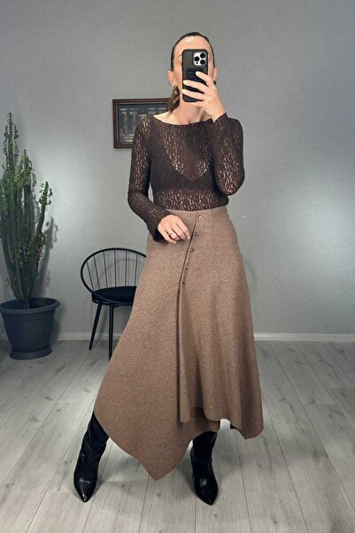 lady special Önü Düğmeli Asimetrik Kesim Etek