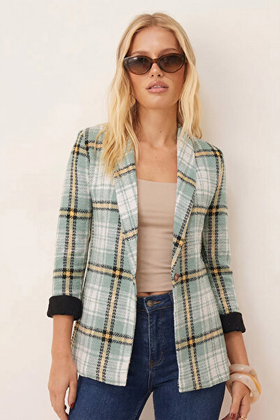 armonika Women's Black-Green Shawl Collar Sleeves Paneled Single Button Jacket Arm-26K001087