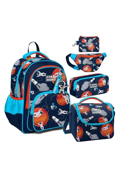 Coral High Navy Blue Astronaut Patterned Boys' Five-Piece School Bag Set - El...