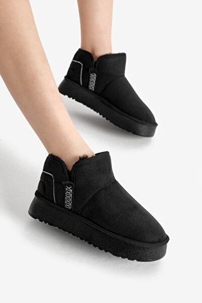 Tonny Black Women's Black Thick Poly Sole Suede Look Daily Short Boots with Fur Inside