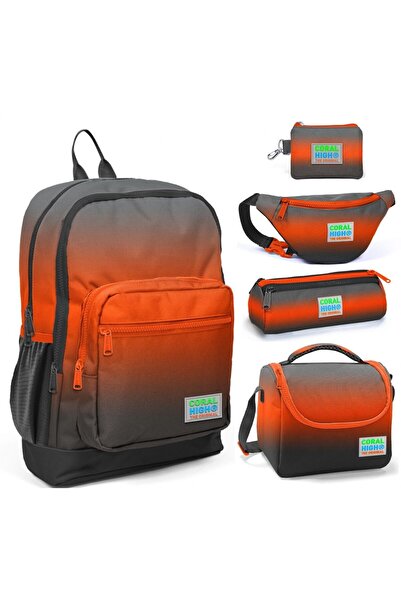 Coral High Black Orange Gradient Five-Piece School and Casual Bag Set