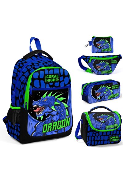 Coral High Blue Green Dragon Five-Piece School and Daily Bag Set - Boys