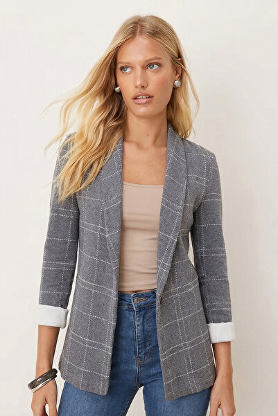 armonika سترة نسائية ذات أكمام وياقة شال باللون الرمادي الميلانج بقطع قماش مخ...