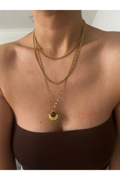 Hoop jewelery çelik üç zincirli yelpaze uçlu kolye kombin