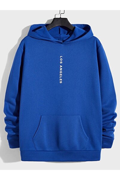 Jooy لوس أنجلوس مطبوع أزرق بلون الكوبالت سويت شيرت أزرق بغطاء رأس