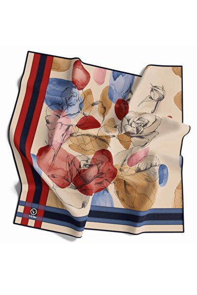 VİOLLA Soft Çiçek Desenli Bordo - İndigo Renkli 90x90 Eşarp (İpek İçermez) Ke...