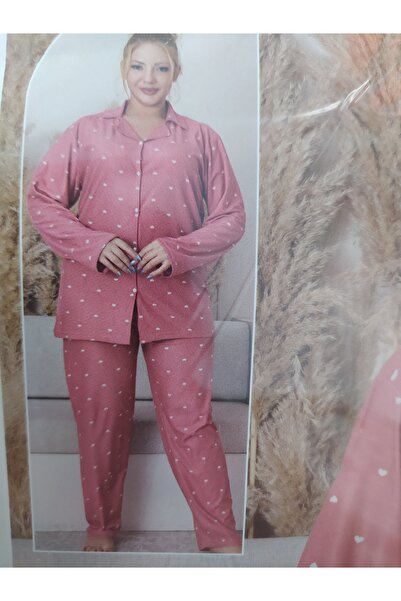 Sude Büyük Beden Kadın Pijama Takımı - Pembe Kalpli Kadın Pijama Takımı