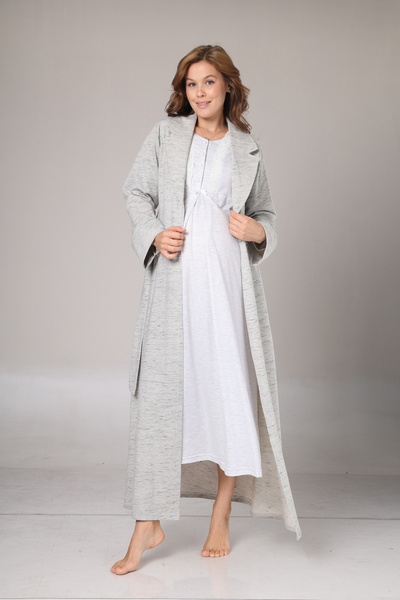 Rimel Homewear Gri Melanj Uzun Sabahlık ve Gecelik Hamile Seti - Hastane Çıkı...