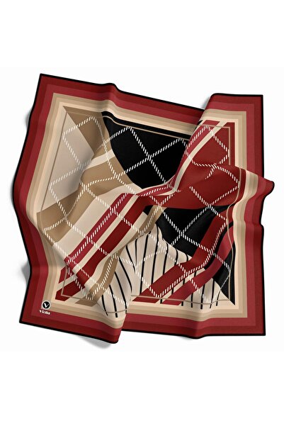 VİOLLA Soft Bordürlü Ekose Desenli Bordo Renkli 90x90 Eşarp (İpek İçermez) Ke...