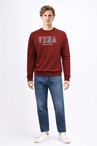 VENA Men's Crew Neck Logo Printed Sweatshirt 100% Cotton - Claret Red