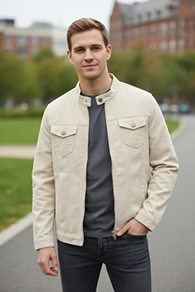 KAMİLKUNDURA Fermuarlı Cepli Hakim Yaka Kot Ceket