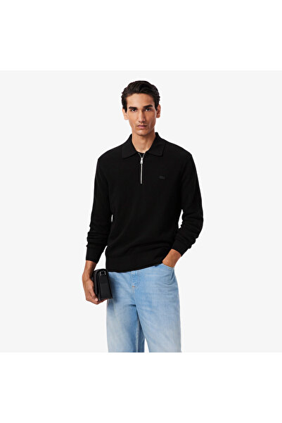 Lacoste Erkek Classic Fit Yarım Fermuarlı Siyah Kazak