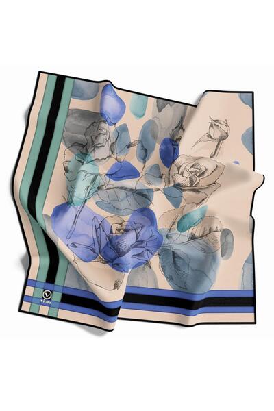 VİOLLA Soft Çiçek Desenli İndigo Renkli 90x90 Eşarp (İpek İçermez) Kenar Diki...