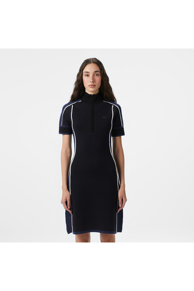 Lacoste Kadın Classic Fit Kısa Kollu Yarım Fermuarlı Renk Bloklu Siyah Elbise