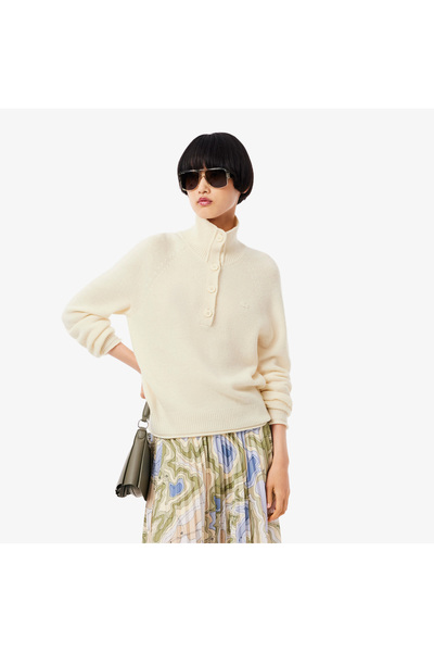 Lacoste Kadın Classic Fit Dik Yaka Krem Kazak