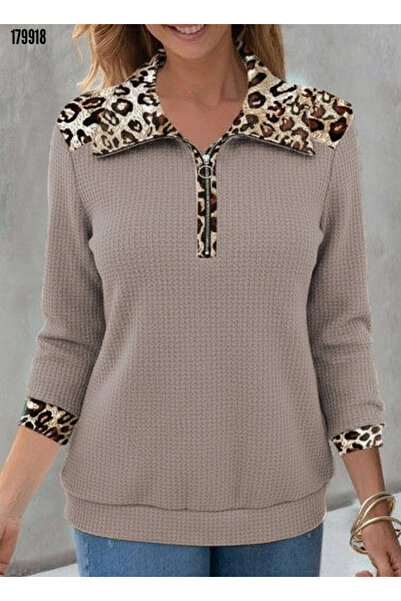 Modayakamoz Yeni Sezon Trend Leopar Yakalı Fermuarlı Kadın Waffle Bluz