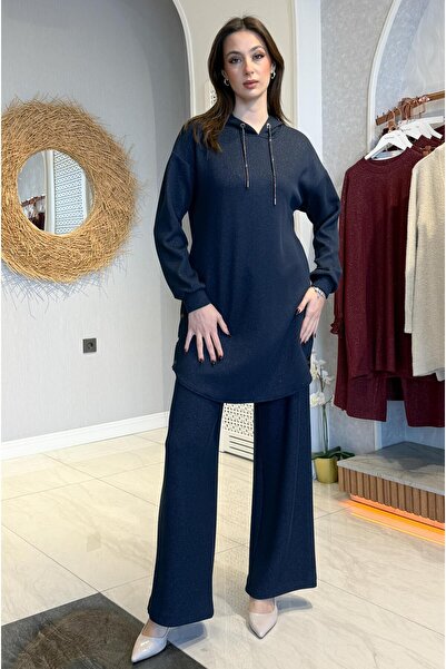 Doque Simli Kumaş Kapüşonlu Pantolonlu İkili Takım - Lacivert