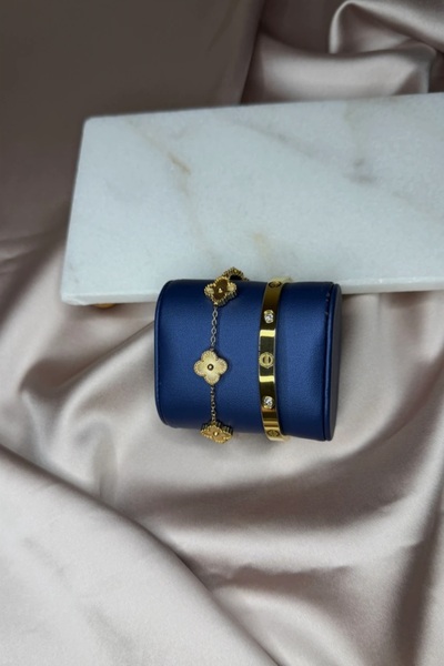 GUNESTAKI Gold Kariter Kelepçe,Yonca Bileklik Seti 2li