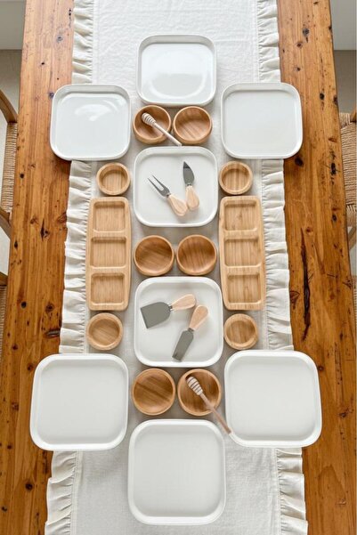 Atbyhome Elen 6 Kişilik 26 Parça Doğal Bambu - Seramik Kahvaltı Takımı – Kahv...