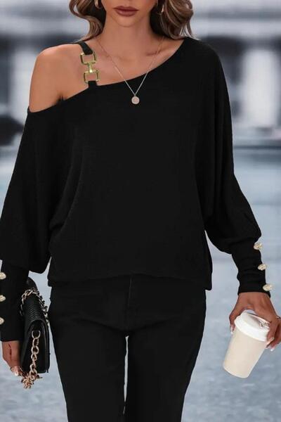 Mossta Buckle Detail One Shoulder Waffle Blouse - Black