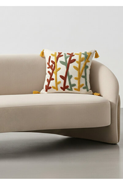 Destiva Home Colorful Branch Punch Embroidered Decorative Tasseled Throw Pillow Cover Cotton 42 X 42 cm