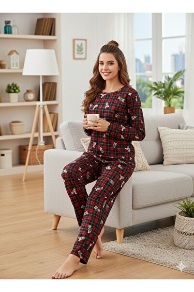 trendmodaal Plaid Patterned Suede Fabric Pajama Set
