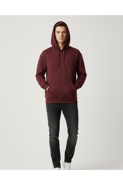 CAST COLLECTİON Men's Burgundy Combed Cotton Thick Fabric Hooded Sweatshirt