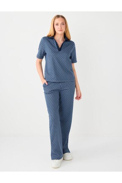 Jimmy Key Navy Blue Wide Leg Regular Waist Geometric Pattern Knitted Trousers