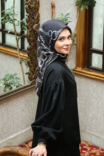 Tesettürnağme Eșarfă EcoZen TN2107 Model cu lanț 06-Negru-Gri