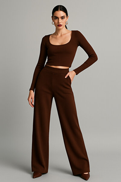 Rich Women's Brown Corded Fabric Double Suit with Wide Leg Trousers and Pockets