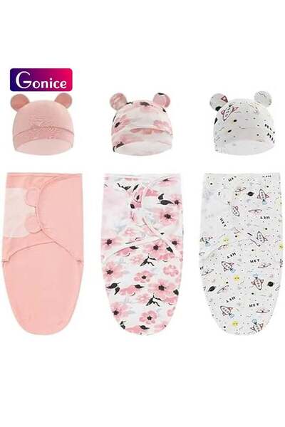 Gonice Baby Swaddle Sleep Sack with Hat Set for 0-3 Months 3-Pack Soft Cotton Newborn Wearable Swadd