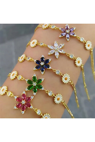 OSMANLI GÜMÜŞ Altın Kaplama Nergis Çiçeği Zirkon Taşlı Gümüş Bileklik-Mor