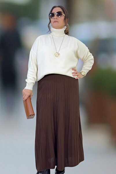 yagmurberen Elastic Waist Pleated Cable Knitted Large Size Tricot Skirt