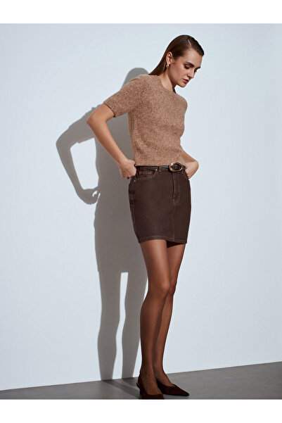 Dilvin 10651 Wool Blend Short Sleeve Sweater-Dark Beige Mel.