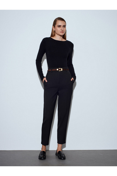 Dilvin 72242 Belted High Waist Trousers-Black