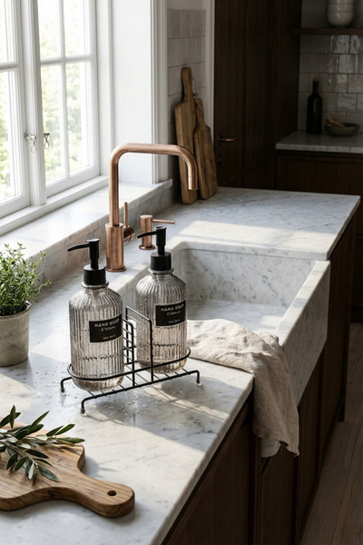 MAKRİ HOME طقم صابون سائل ومنظف زجاجي دائري مخطط حديث، أسود - 500 مل موزع صابون زجاجي