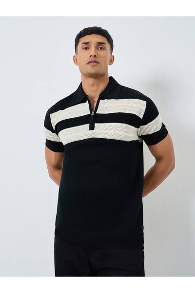 Styli Men Black Striped Knit Polo Shirt
