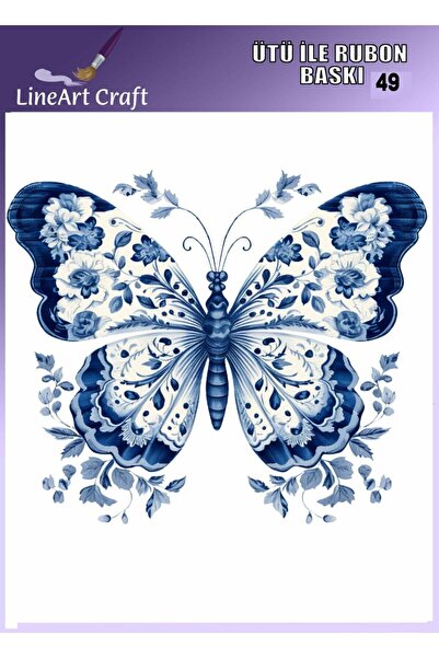 LİNEART N: 49 Mavi Beyaz Kelebek Desenli Kumaş Transfer, Ahşap Transfer, Rub ...
